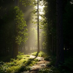 Obraz premium Sunlight filtering through a dense forest creating a mystical and serene atmosphere.