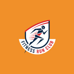 Modern fitness run club emblem with dynamic runner silhouette on orange