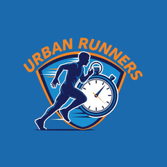 Dynamic Running Emblem: Urban Runner Silhouette with Stopwatch