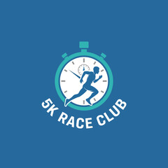 Dynamic running club logo with stopwatch and energetic runner silhouette