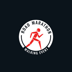 Minimalist road marathon walking event emblem with runner silhouette