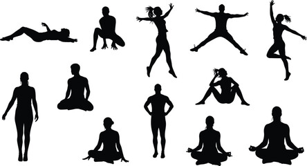 People Human Silhouette Standing Sitting Jumping Dancing Stretching Meditation Yoga Relax Activity Lifestyle Casual Fitness Body Posture Vector Outline Drawing Illustration Art