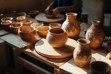 Artisan shaping diverse clay pots on a potter's wheel in a bright studio, with half-finished vases and ceramic pieces highlighting handmade artistry and organic creative techniques.