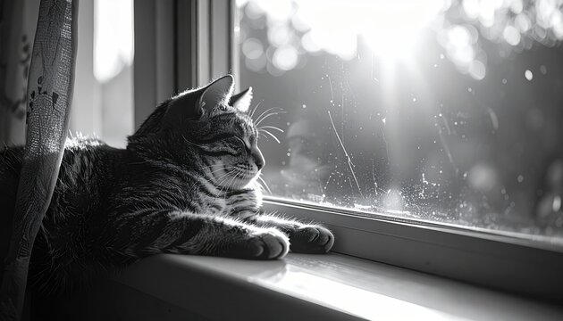 Monochrome Close Up Of A Tabby Cat Resting On A Windowsill Looking Out At A Sunlit Outdoor Scene With Soft Bokeh Background