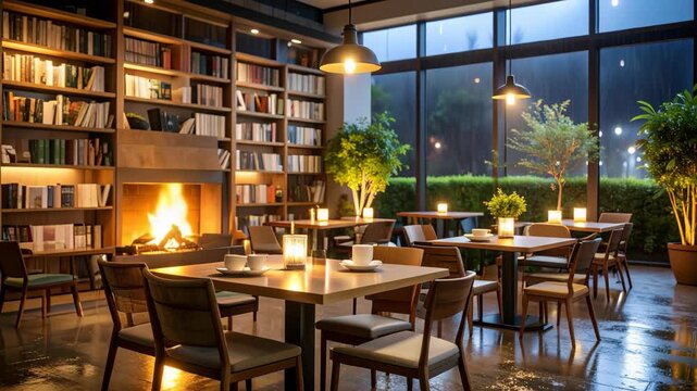 Elegant indoor dining area with bookshelves, fireplace, cozy seating arrangements, and a rainy view through large windows