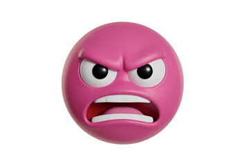 Angry pink colour 3D  emoji screaming with furrowed brow and wide mouth isolated on transparent background.