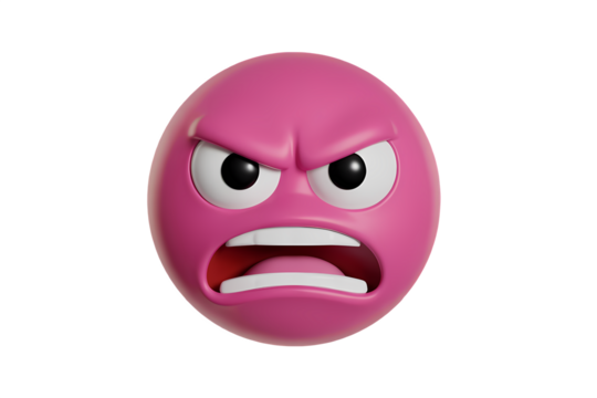 Angry pink colour 3D  emoji screaming with furrowed brow and wide mouth isolated on transparent background.