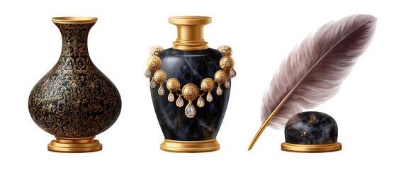 Elegant collection of decorative vases and a feather quill, showcasing intricate designs and luxury