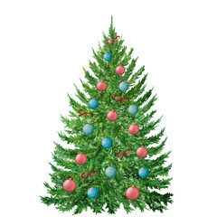 Watercolor Christmas tree with red and green balls and red ribbon. Hand painted New year tree isolated on white background. Holiday illustration for design, gift wrapping paper, cards, invitations