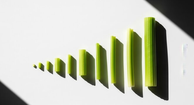 Celery Stalks Arranged In Ascending Order Against White Background With Shadows
