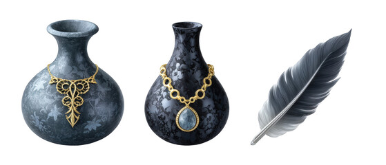 Elegant collection of decorative vases and a feather, showcasing intricate designs and textures