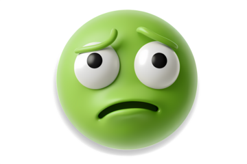 Green 3D emoji looking sick, disgusted, or feeling a sense of nausea on transparent background.