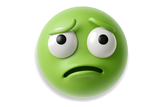 Green 3D emoji looking sick, disgusted, or feeling a sense of nausea on transparent background.
