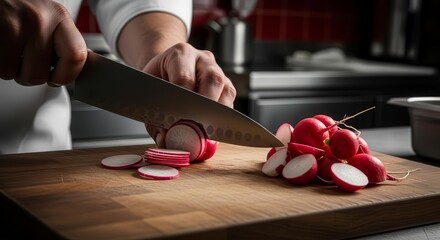 Chef Precisely Slices Fresh Radishes Preparing Ingredients For A Culinary Masterpiece