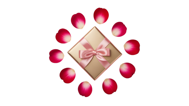 Elegant golden gift box with a delicate pink ribbon surrounded by romantic rose petals, perfect for Valentine's Day or a special birthday surprise