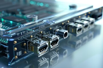 Circuit Board's Technical Excellence: Close-up of cutting-edge technology: a circuit board, its intricate network of connectors and components gleaming with a futuristic aesthetic.