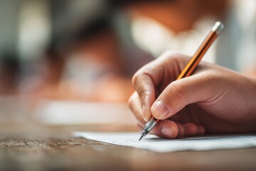 Close-up of a hand holding a pen and paper, doing an exam in school, writing something. Blurred background. The student is sitting at their desk, taking a mental test for a final-year class.