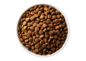 Fototapeta premium Dog food in white bowl, top view. Small, round, brown kibble