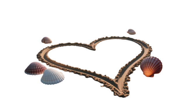 Romantic beach getaway idea: Heart drawn in sand with seashells, perfect for travel, love, or summer vacation promotions and designs, isolated element