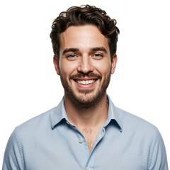 Obraz premium Smiling man portrait caucasian business professional with short brown hair wearing light blue shirt isolated on transparent background