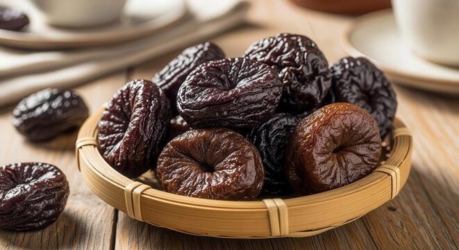 Close-Up Shot of Fresh Dried Figs in a Woven Basket on a Wooden Surface