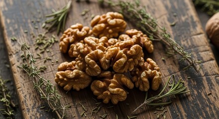 Obraz premium Close-Up Shot of Fresh Walnuts With Green Herbs on Rustic Wooden Surface