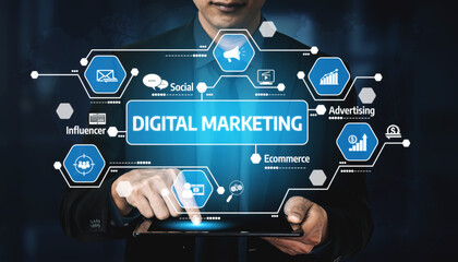 A business professional interacts with a tablet displaying digital marketing concepts on a...