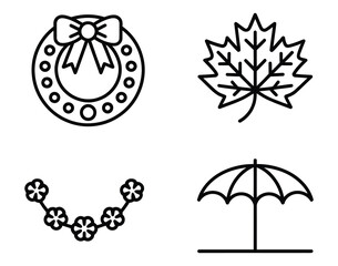 Fototapeta premium Collection of Decorative Icons Featuring Wreath, Garland, Leaf, and Umbrella Symbols