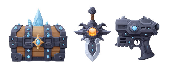 Fantasy treasure chest, ornate sword, and futuristic gun displayed with a mystical aura