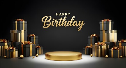 Happy Birthday Celebration with Luxurious Gift Boxes and Gold Podium on Dark Background