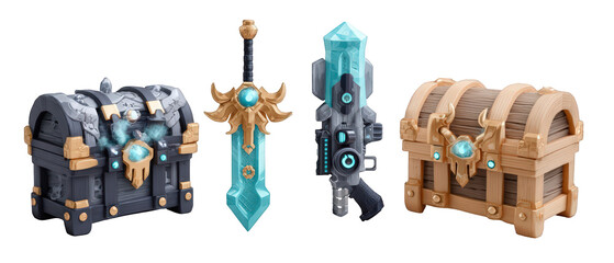 Fantasy treasure chests and weapons displayed in a vibrant digital environment
