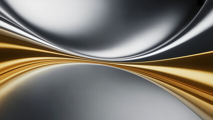 Abstract metallic waves with gold and silver hues create a dynamic flow