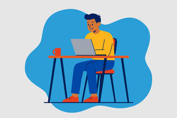 Flat Illustration of Man Working on Laptop &ndash; Full Body People with Blob Background