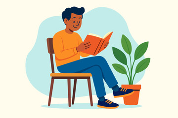 Flat illustration of a man reading a book while sitting on a chair with a blob shape background.