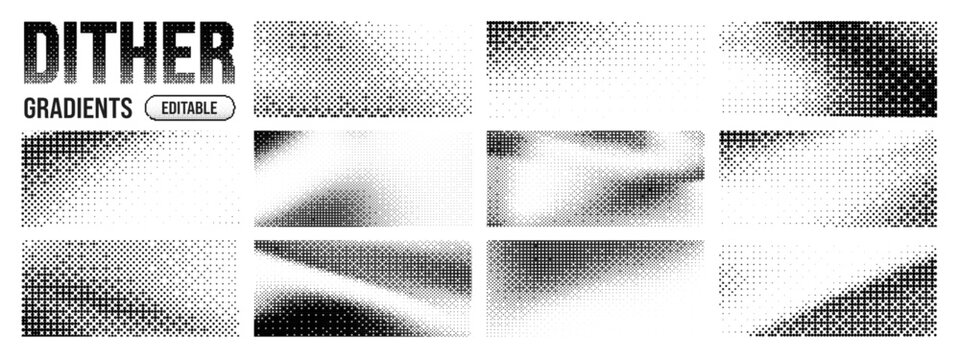 Gradient pixel bitmap dither with background bit set and bg pattern game. Halftone shape effect with duotone tone gradation mosaic and square speckle video. Retro arcade blend with geometry dithering