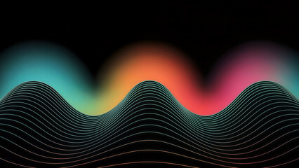 Abstract landscape with colorful gradients and a wavy grid on a black backdrop