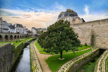 Vannes, medieval city in Brittany, view of the ramparts garden 
