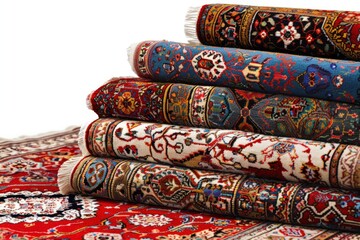 Pile of Exquisite Carpets: A meticulously arranged assortment of rolled carpets and rugs showcases intricate patterns and vibrant colors, offering a glimpse into the artistry and craftsmanship.