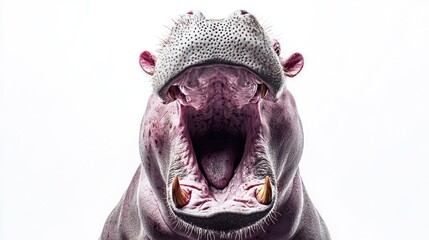 Obraz premium Close-up hippo mouth wide open against white background. Possible use wildlife, animal, nature stock photo
