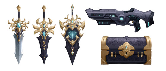 Fantasy weapons and treasure chest with intricate designs and glowing elements