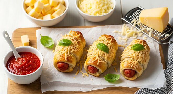 Three delicious pigs in a blanket with cheese and basil on a cutting board - Powered by Adobe
