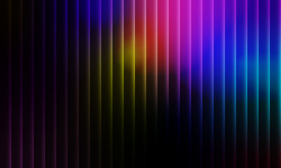 Glass gradient fractal background with neon light effect and ribbed pattern. Abstract vertical design in vibrant purple red yellow color spectrum. Modern geometric prism with chromatic aberration.