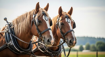 Obraz premium Two powerful chestnut horses wearing ornate harnesses stand side by side in a field