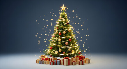 Realistic Style Christmas Tree Decoration Real Decorated Christmas Tress. Christmas Tree with Gifts, blue Background. 
