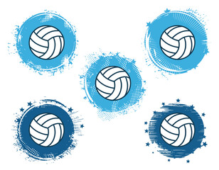 Volleyball icons featuring distressed blue circular backgrounds, ideal for sports event branding, team graphics, and dynamic athletic design projects showcasing competitive spirit