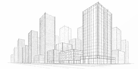 Naklejka premium A dynamic sketch of city architecture with buildings and skyscrapers illustrating a detailed urban design concept and blueprint
