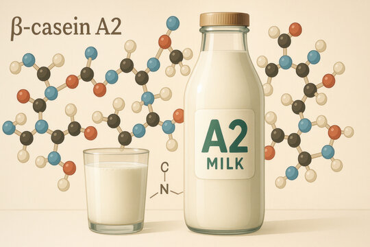 Nutritious dairy alternative showing A2 milk bottle and glass with molecular structure illustrating beta casein A2 and milk intolerance awareness and gentle digestion benefit