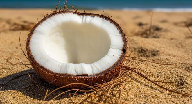 Coconut Halved on Coastal Sands with Ocean Vistas Demonstrates Natural Refreshment at Beachside