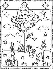 Forest Animals Coloring Page.Fox and Rabbit Under the Tree Nature Line Art for Kids.