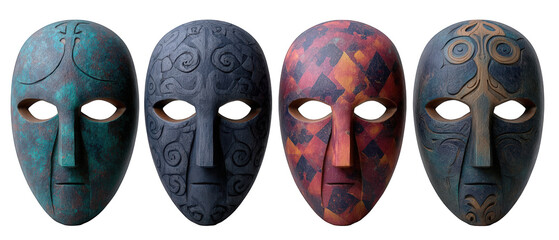 Four intricately designed masks showcasing diverse cultural patterns and colors, set against a neutral backdrop